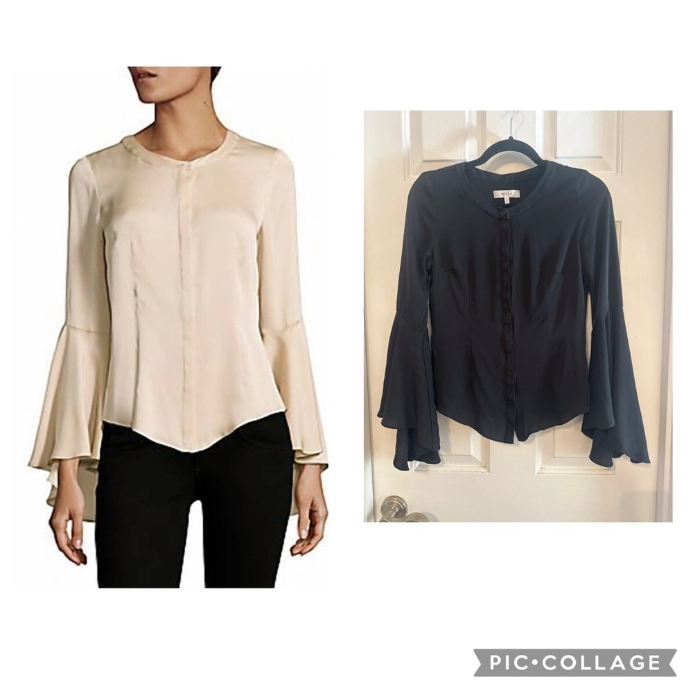 Milly black stretch silk Ruthie bell sleeve blouse size 0